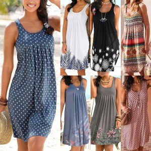 连衣裙女夏季供应夏季欧美新款无袖圆领定位印花连衣裙休闲Vestidos CFFD722